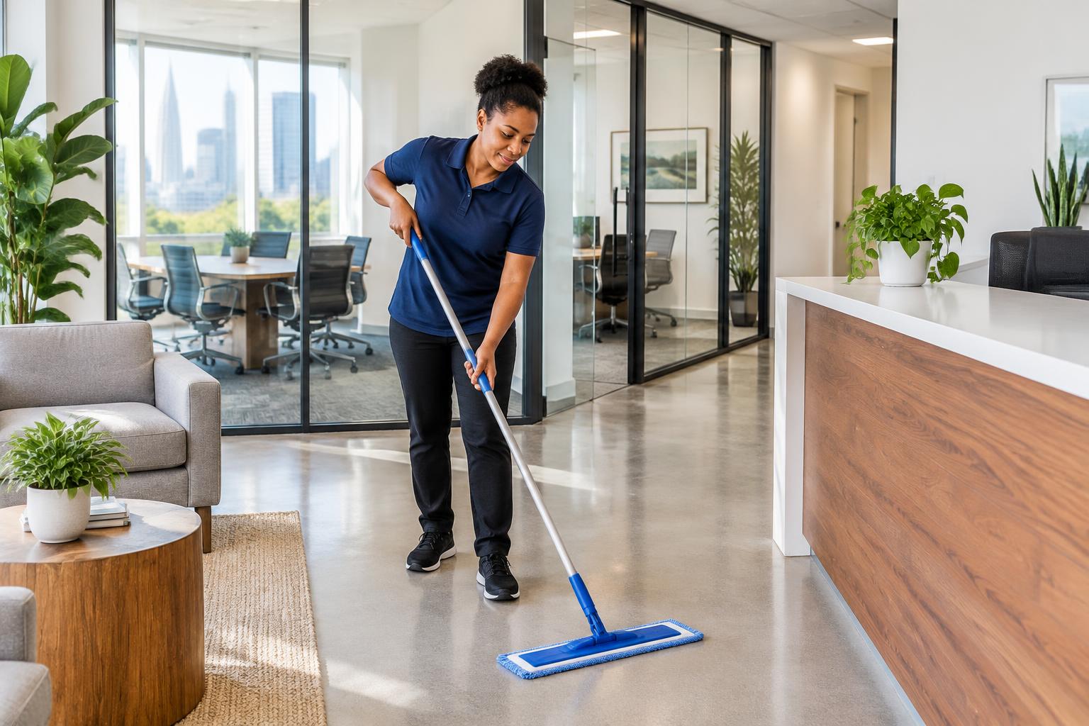 Professional cleaner mopping an office reception