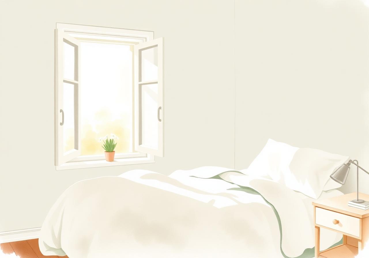 A softly lit bedroom with cream linens and an open window — a calm room to come home to.