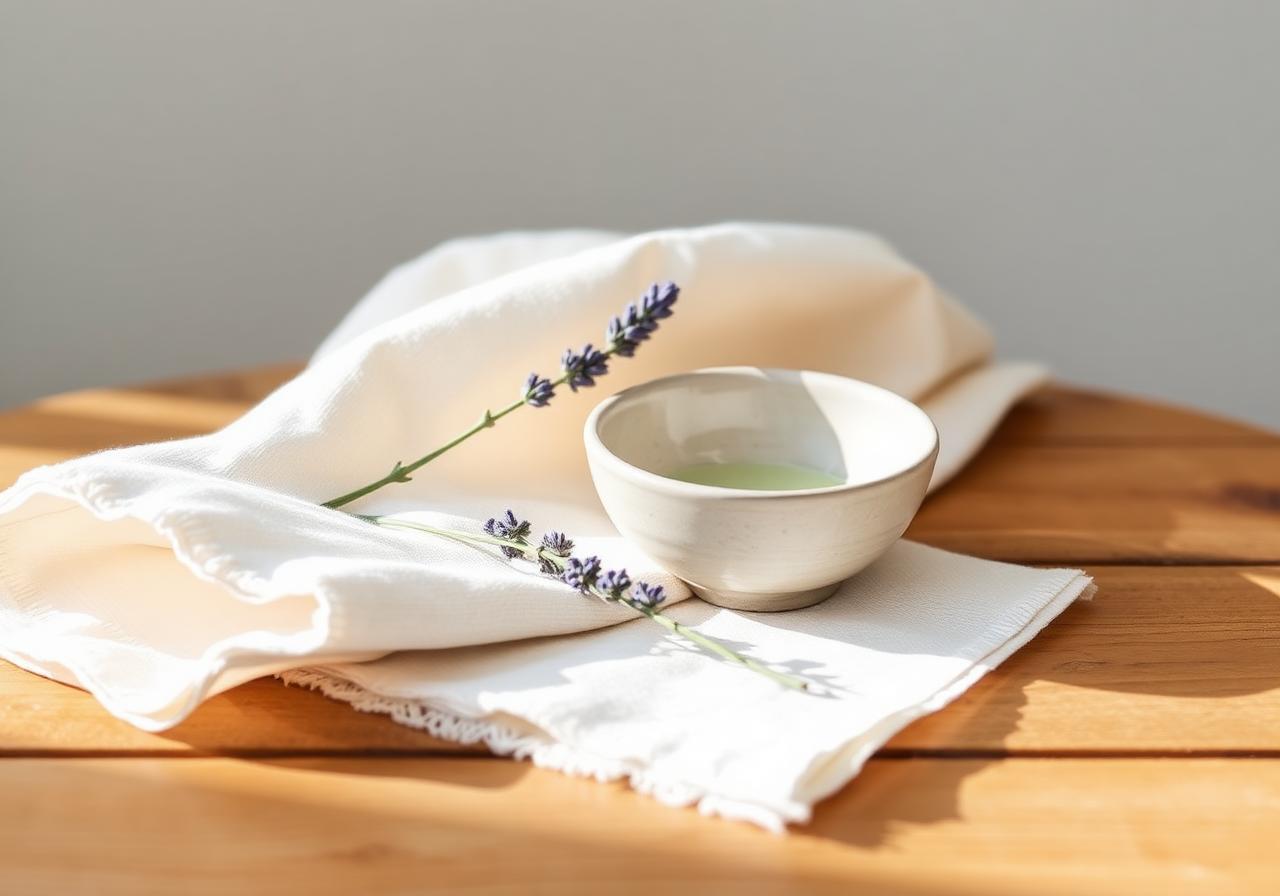 A small ceramic bowl, dried lavender, and a folded linen napkin in warm afternoon light.