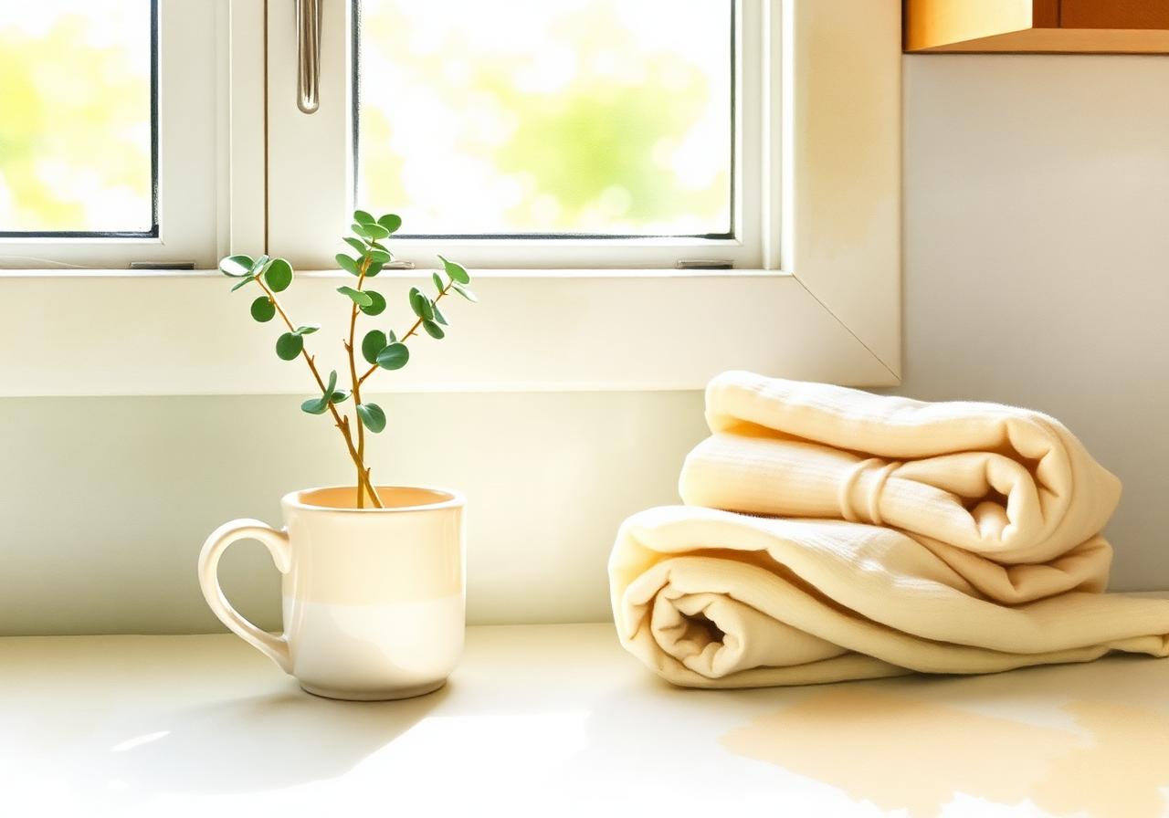 A sunlit kitchen window with a small plant and folded linen towels.